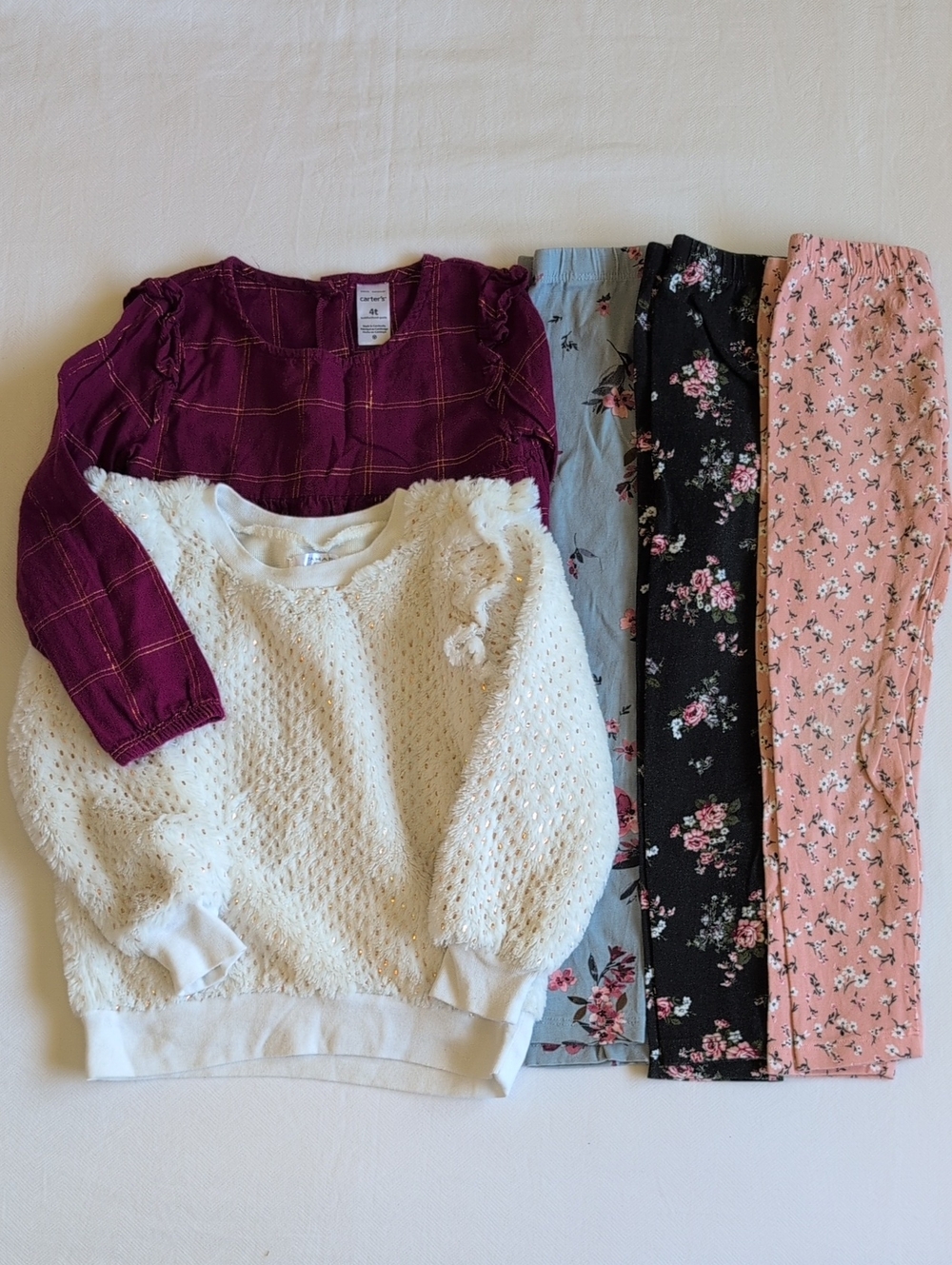 Tahari Carters Girls 4T Outfit Capsule Bundle Fleece Plaid Blouse Leggings Lot